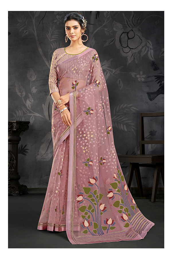 Celebrity Inspired Stunning Mauve Pink With Turquoise Border Tissue Silk  SaREE