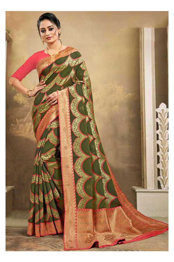 Buy Green Embroidered Silk Mehendi Wear Saree From Ethnic Plus