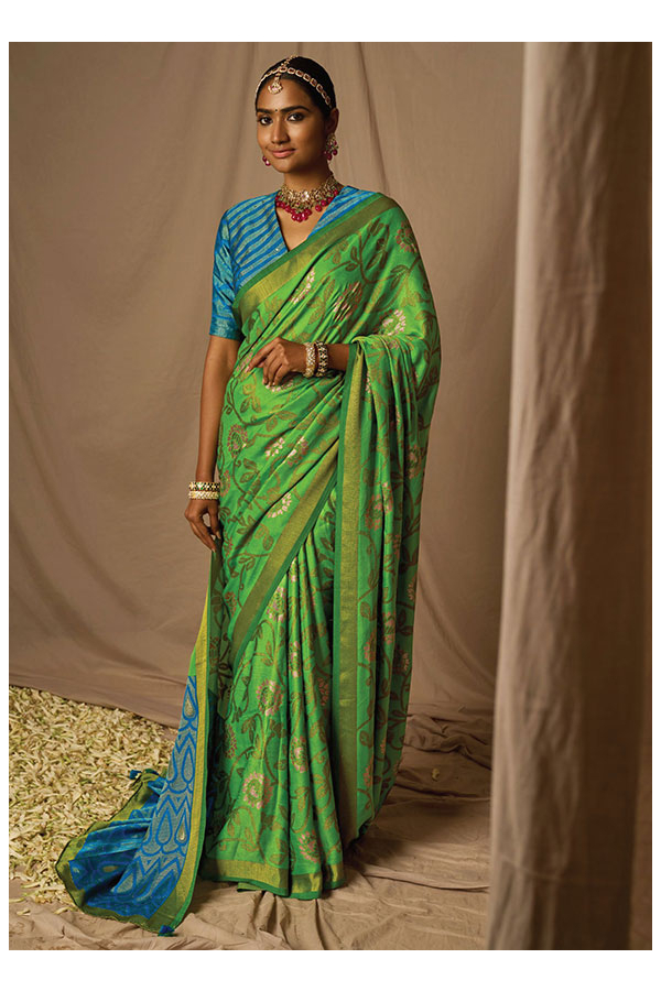 TRB PARROT GREEN SOFT TISSUE WITH PINK BANARASI BORDER SILK SAREE – The  Revive Boutique