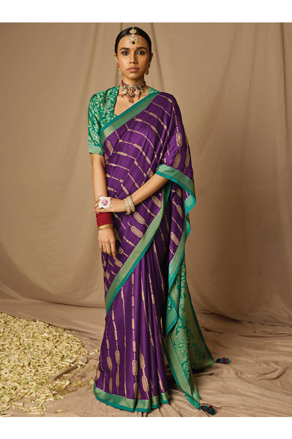 Tyrian Purple Dola Silk Saree With Designer Minakari Pallu & Contrast Blouse  - Mejaaz Fashion