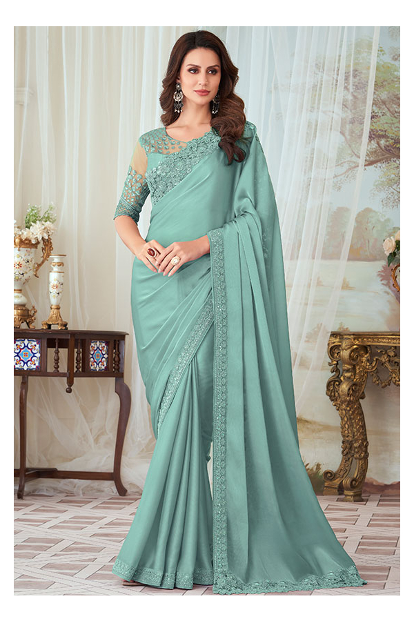 Dark slate grey embroidered organza saree with blouse - Lilots - 4074700