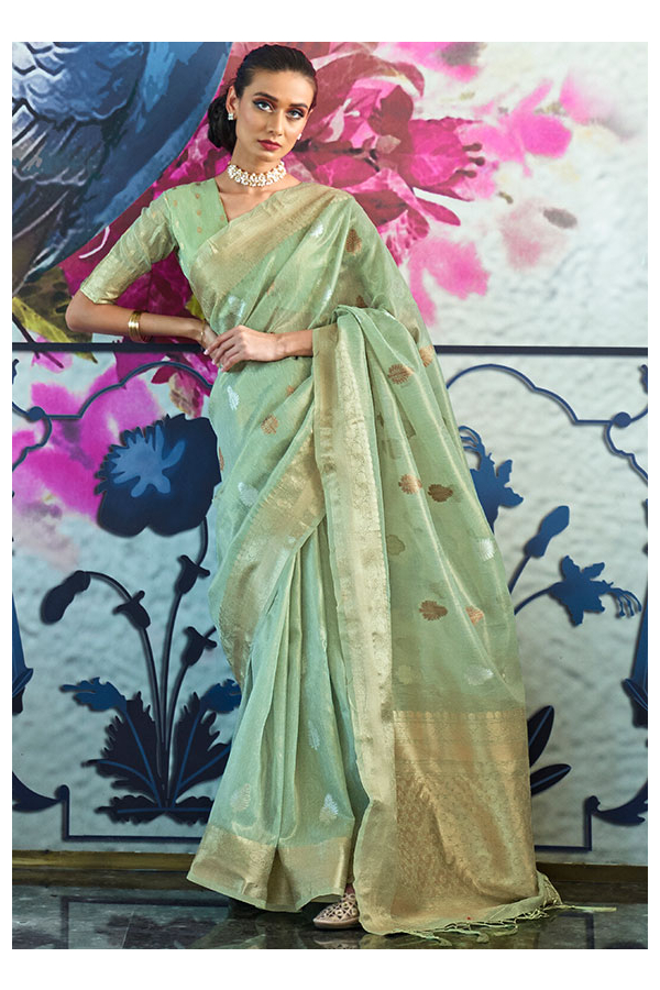 Buy online Banarasi Organza Saree with Zari Leheriya Weave & Rich Pallu -  Grey-AF1521