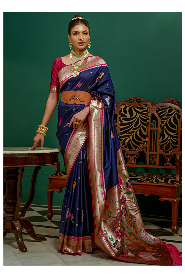 Bridal Navy Blue Maroon Flush Peacock Motif Silk Paithani Party wear Saree  | trendwati