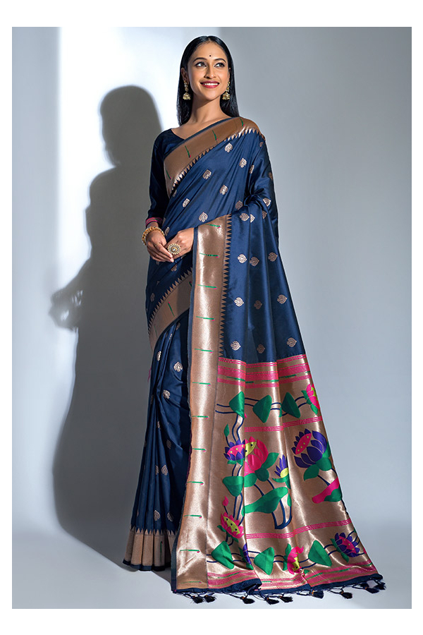 Navy Blue Color Pure Soft Silk paithani Saree With gold zari – Ennayou.com