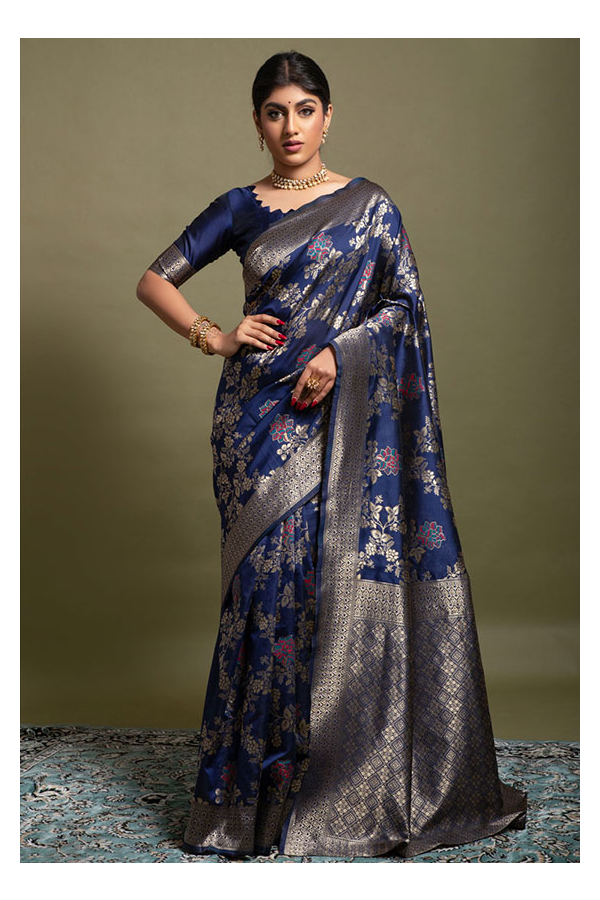 Navy Blue Woven Silk Saree & Blouse 5365SR06