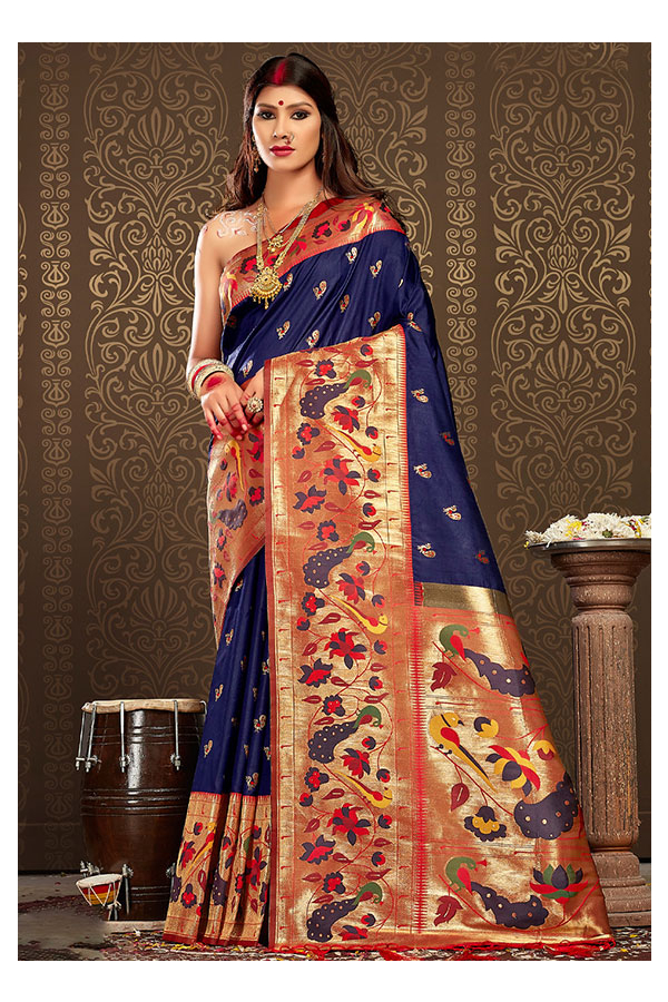 Navy Blue Paithani Woven Silk Saree – Zari Banaras