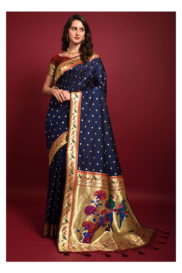 Buy Navy Blue Silk Festival Wear Paithani Saree Online From Wholesale  Salwar.