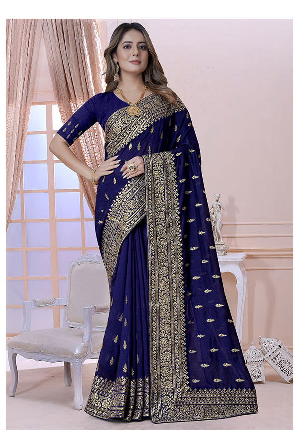 Elaborate Navy Blue Soft Silk Saree with Classic Blouse Piec