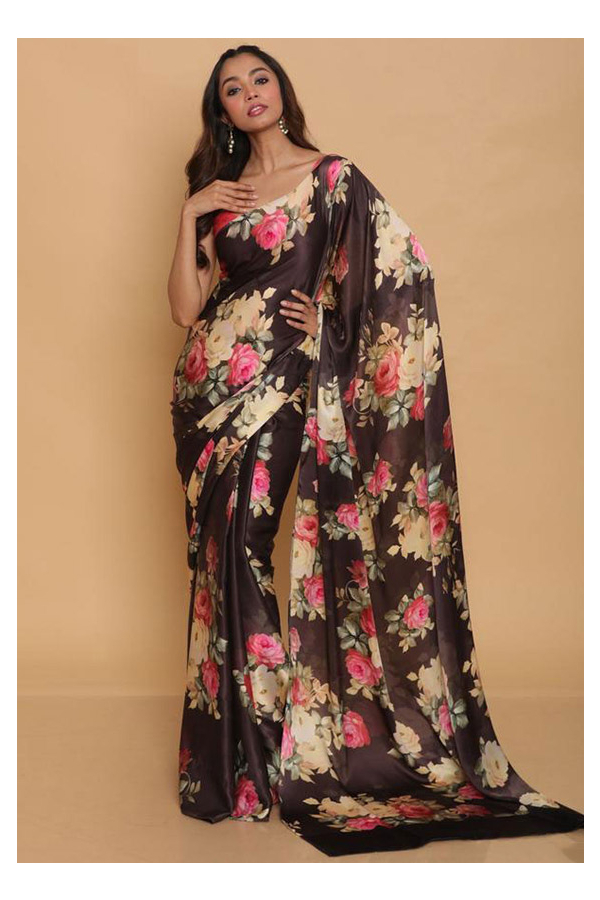 Buy Grey Floral Printed Satin Saree - Koskii