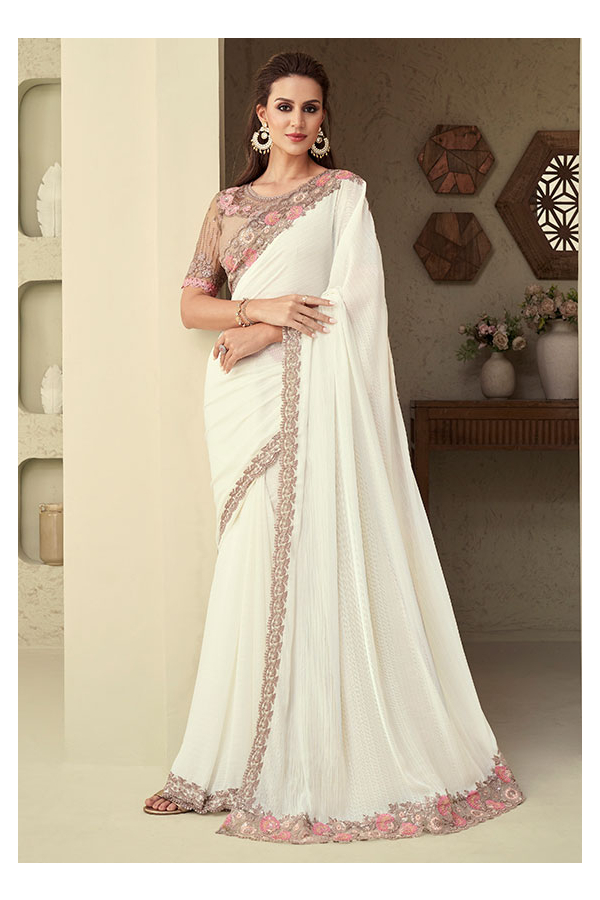 Incredible Off White Embroidered Designer Saree -