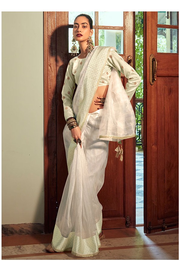 Off White Organza Saree with Raw Silk Blouse