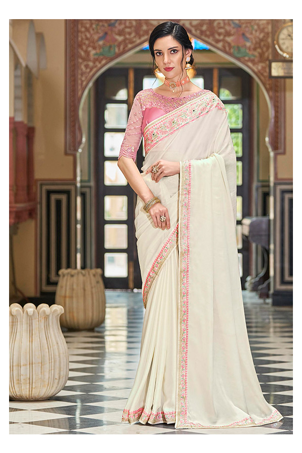 Shop Now Off-White Color Net Saree Designed With Golden Stripes & Red Lace  Border Work – Lady India
