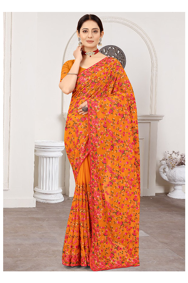 High Quality Fabric Georgette Saree with Heavy Kashmiri Embroidery