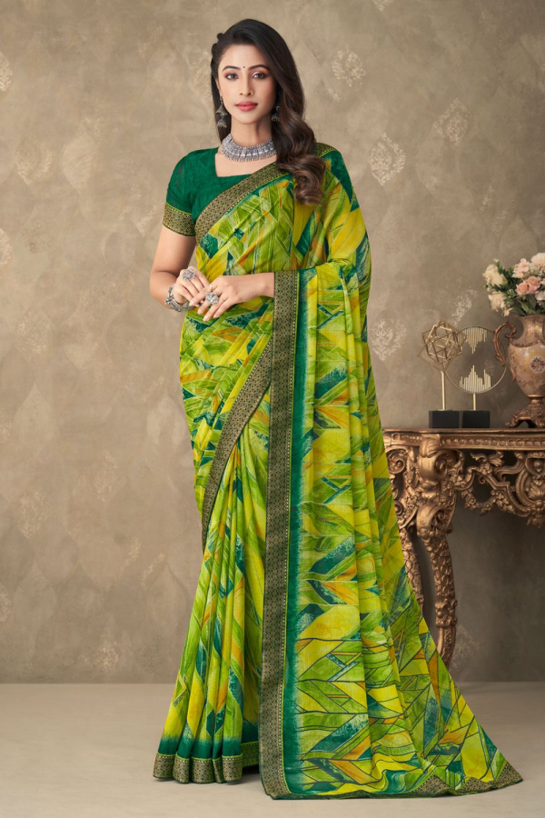 Chiffon Floral Bunch Elephant Gray And Parrot Green Saree