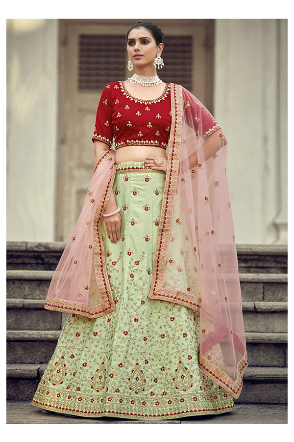 Dust Pink Embroidered Lehenga with Mint Green Blouse - Shrena Hirawat -  East Boutique
