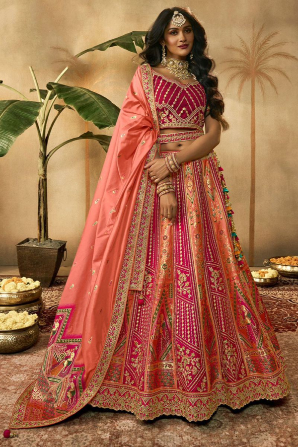Great for Wedding Events Silk Rani Color Readymade Lehenga Choli With  Sequins Details