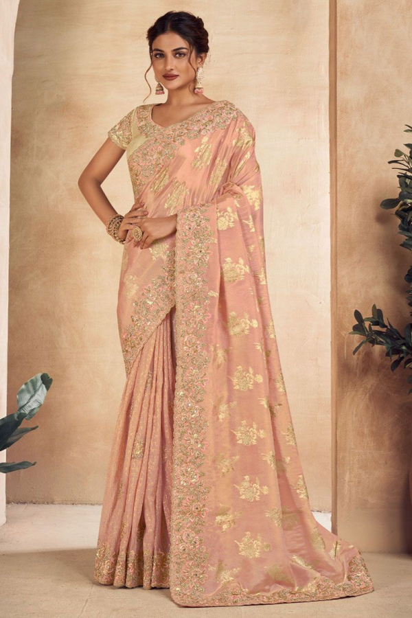 Art Silk Embroidered Peach Designer Net Saree at Rs 3723.75 in Ahmedabad |  ID: 20549094233