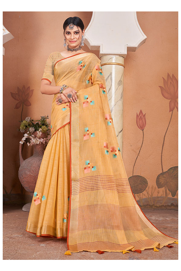 Stunning Peach Linen Saree With Geometric Digital Print – Zari Banaras