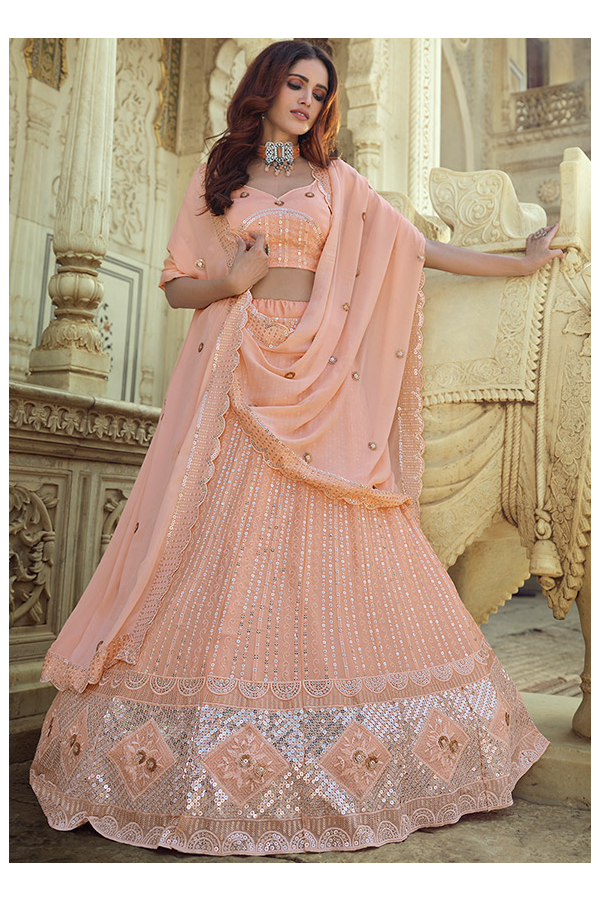 5054 Peach Designer Lehenga Choli With Expensive Dupatta, This collection  is silk,