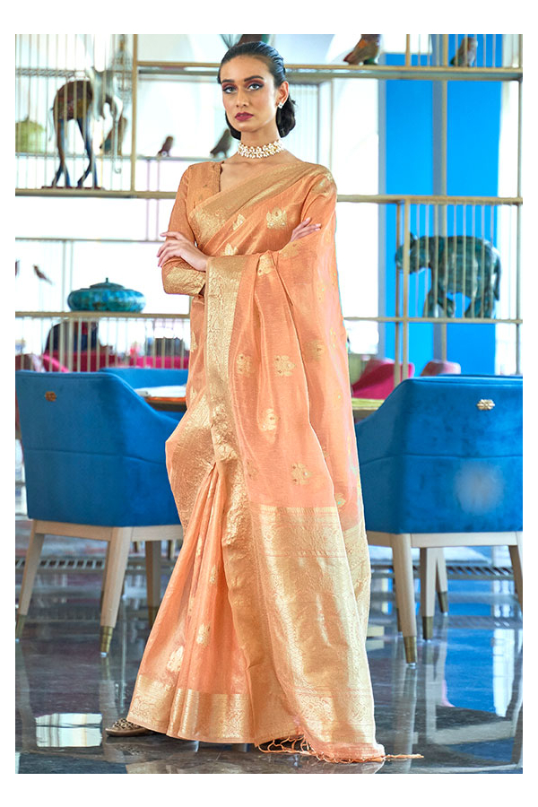 Organza Saree In Peach Designer Saree Shop Online At Jhakhas