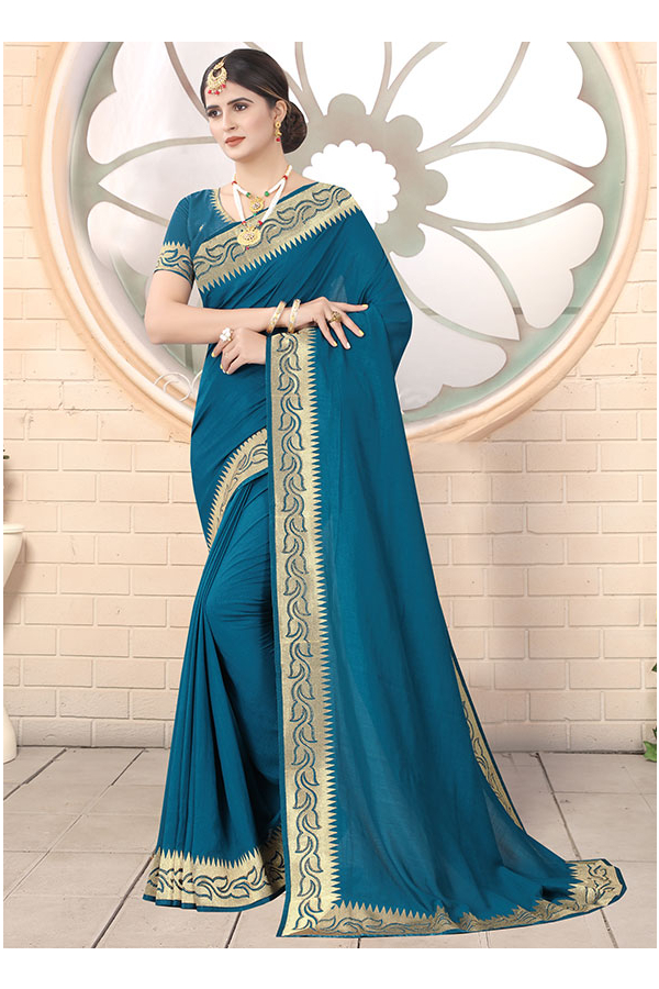 Peacock Blue Banarasi Saree With Golden Border And Pallu - BOVEEE - 3795216