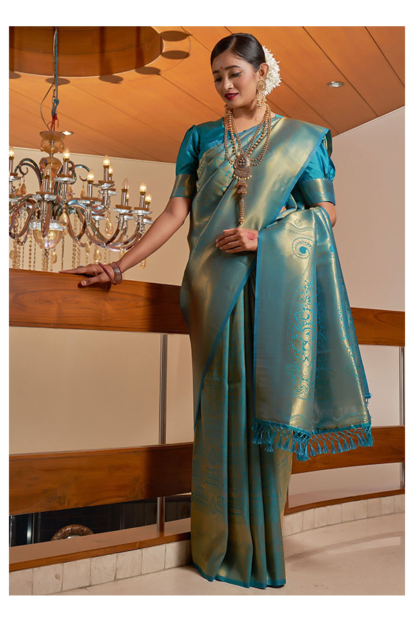 Peacock Blue Katan Silk Saree