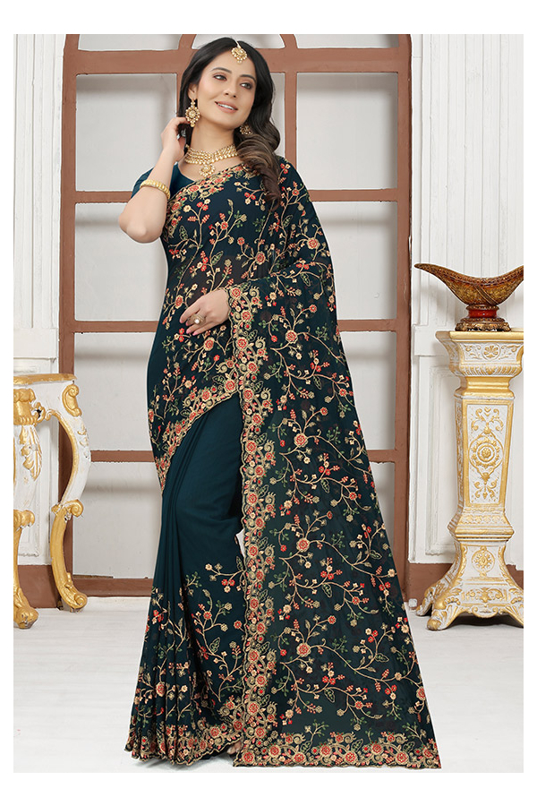 Peacock Blue Resham Embroidered Georgette Saree - NRF34404