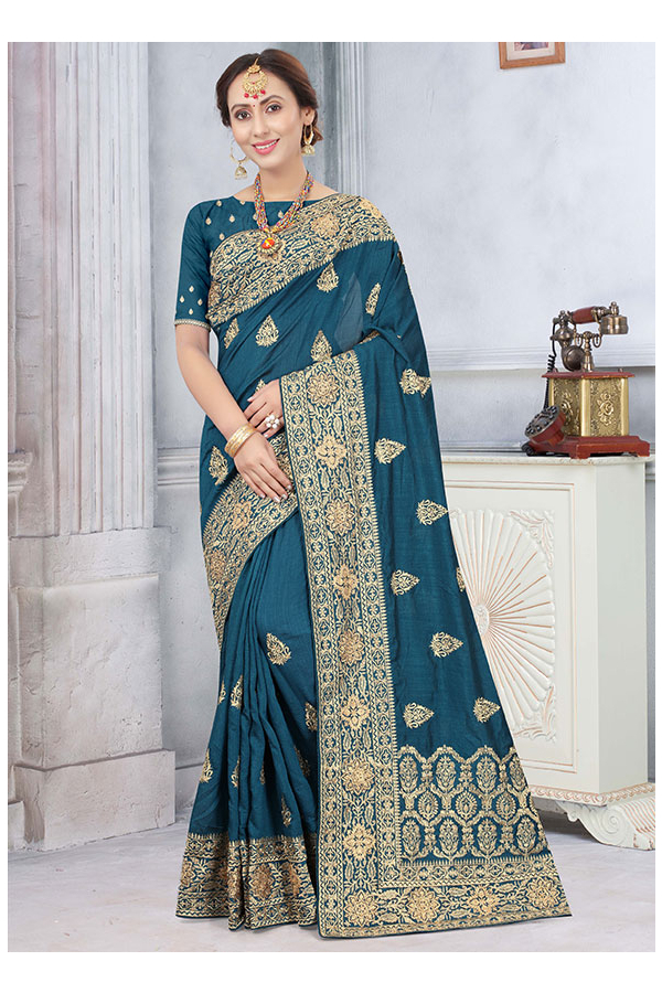 Pure Kanchipuram Silk Saree - Peacock Blue-Green with Mustard-Orange  (SHS311) - Tuhil