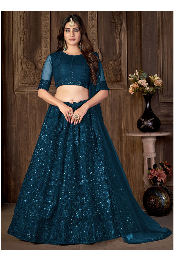 Buy Peacock Blue, Teal And Green Shaded Lehenga With A Resham Embroidered  Mint Choli