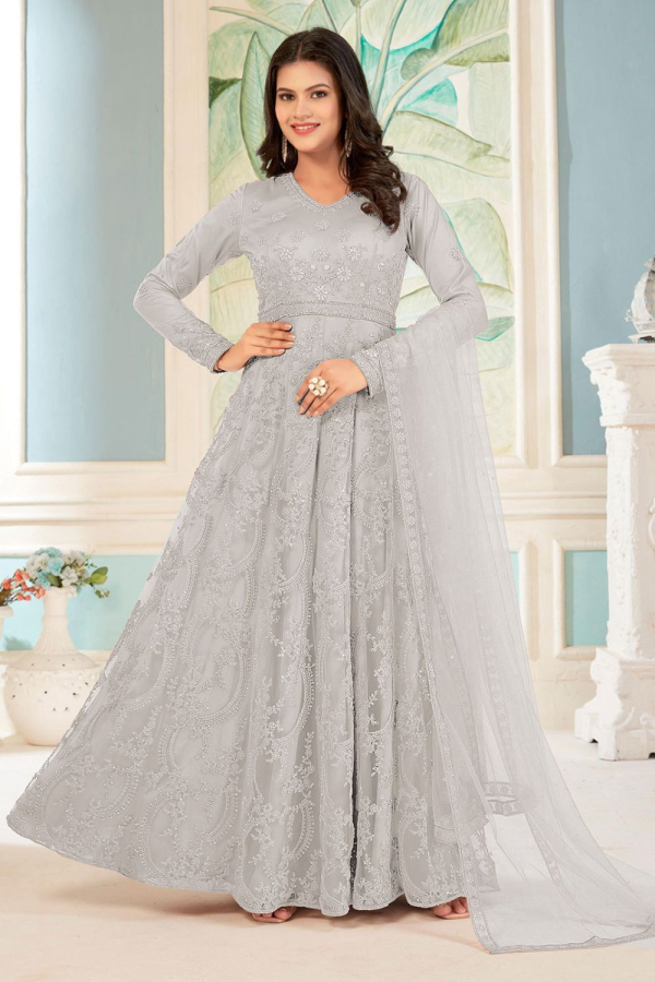 Embroidered Net Anarkali Suit in White : KKZ14
