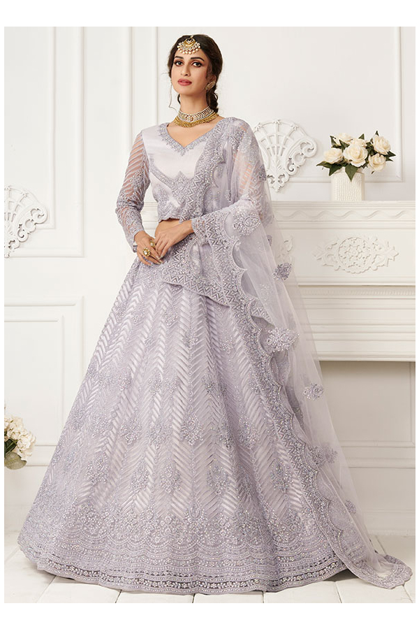 Shop Light Grey Embroidered Lehenga Online in USA with Matching Dupatta –  Pure Elegance