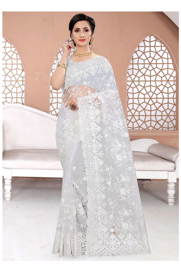 Buy Kalki Fashion White Saree with Stone and Pearl Border at Amazon.in