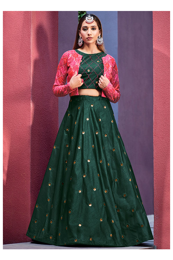 Parrot and Dark Green Color Lehenga Choli with Pink Dupatta :: ANOKHI  FASHION