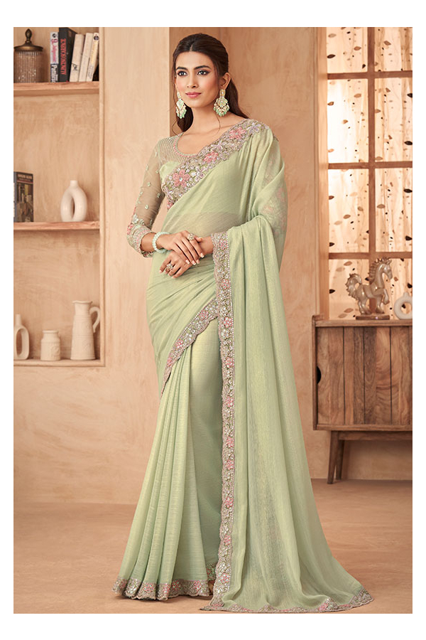 Designer Pista Green Chiffon Saree