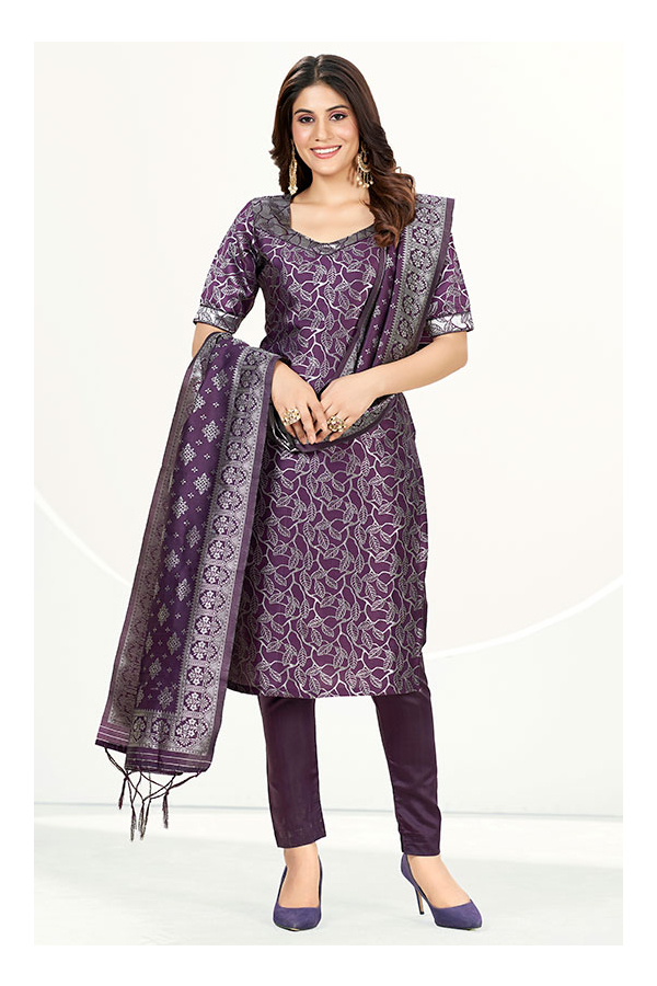 Purple In Combination Ethnic Embroidered Churidar Suit