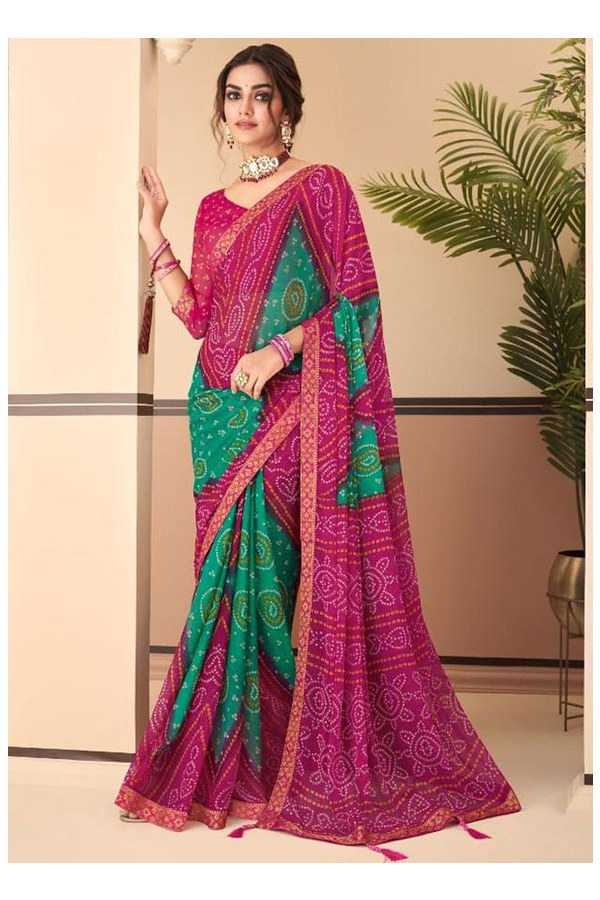 Buy NAV Srijan Printed, Floral Print, Geometric Print, Embroidered Bandhani  Chiffon Yellow Sarees Online @ Best Price In India | Flipkart.com