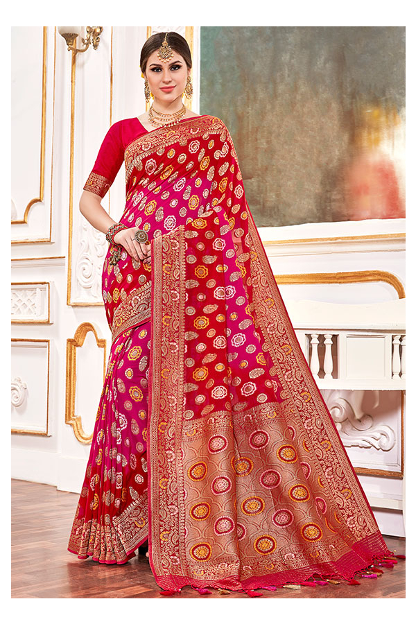 Buy HOUSE OF BEGUM Katan Silk RedWith Silver Zari Work with Blouse Piece |  Shoppers Stop