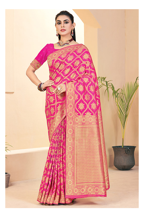 Chanderi Adda wedding wear pink and Rani pink color meenakari buta soft  pattu silk saree at Rs 12500 | Chanderi Silk Saree in Chanderi | ID:  25455265655