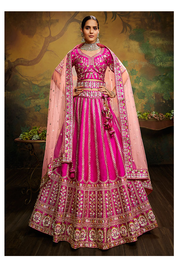 Rani Pink Embroidered Silk Bridal Lehenga Choli