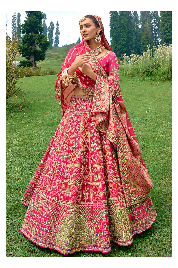 Art Silk Fabric Weeding Style Superior Lehenga Choli In Rani Color
