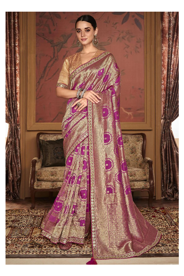 Purple fancy embroidery raw-silk designer saree with unique