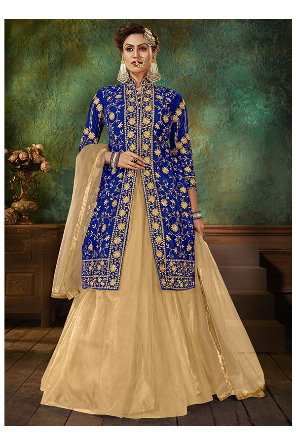 Blue and golden lehenga choli set. The lehenga choli is a custom made  garment which include the blouse, lehe… | Indian outfits, Indian fashion,  Indian designer wear