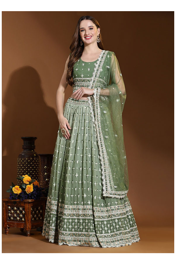 Nice Green Satin Readymade Lehenga Choli