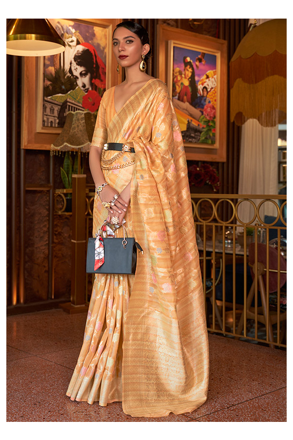 Peach Orange Linen Saree with Floral Work - Products