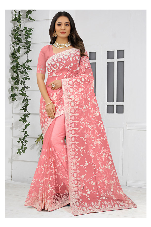 Buy online Jacquard Satin Resham Work Mustard Salmon Color Saree With Blouse  Material from ethnic wear for Women by Manjaree.com for ₹7520 at 0% off |  2024 Limeroad.com