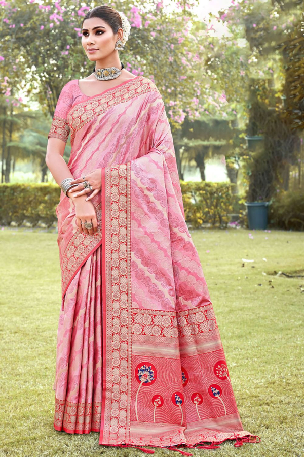 Salmon Pink Woven Printed Silk Saree