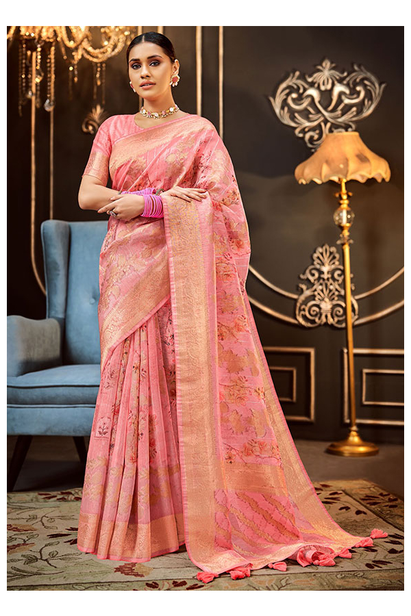 Salmon Pink Soft Silk Digital Printed Saree