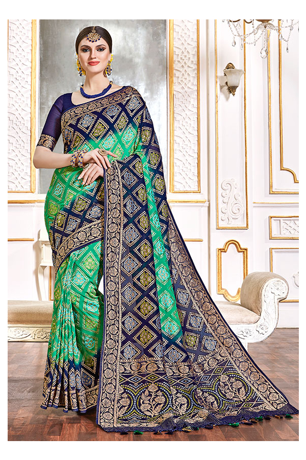 Dark Blue Designer Blouse Sky Blue Saree – RawaazFashion