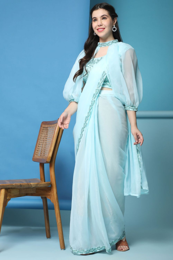Buy Sky blue georgette sequins party wear saree at fealdeal.com