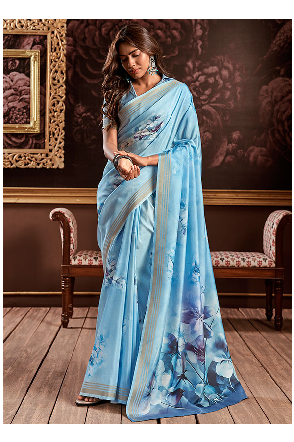 Triveni Sky Blue Color Chiffon Printed Casual Wear Saree with blouse piece